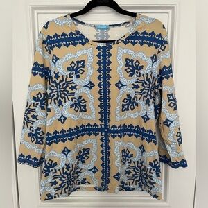 J. McLaughlin Catalina 3/4 Sleeve Tan Blue Pattern Soft Comfy Classic Blouse Top